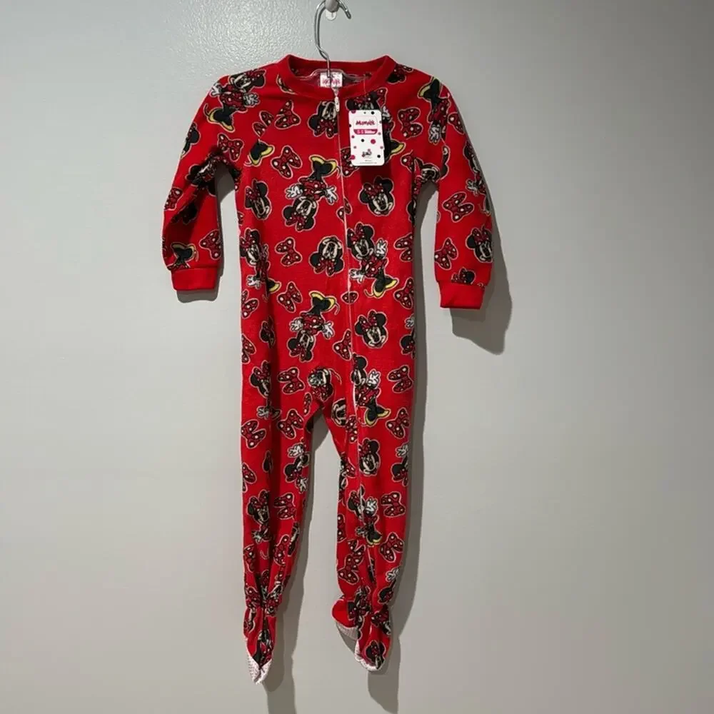 Disney Girls Junior Minnie Footed Pajamas New with Tags Xmas Red Cozy